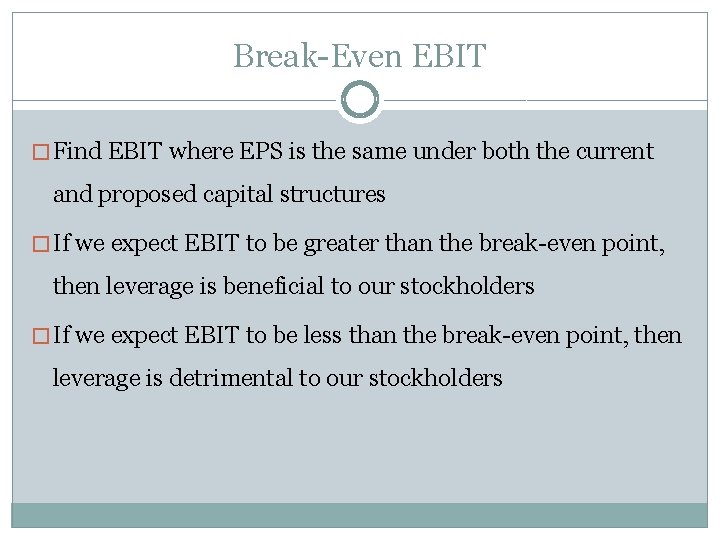 Break-Even EBIT � Find EBIT where EPS is the same under both the current