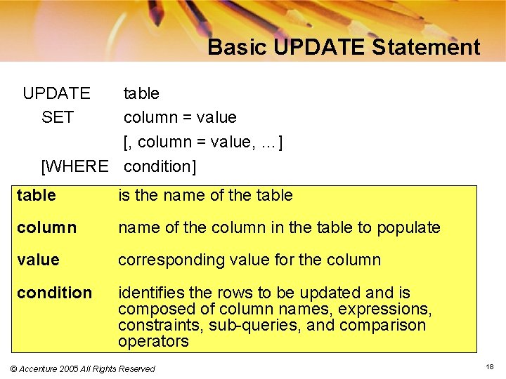 Basic UPDATE Statement UPDATE SET table column = value [, column = value, …]