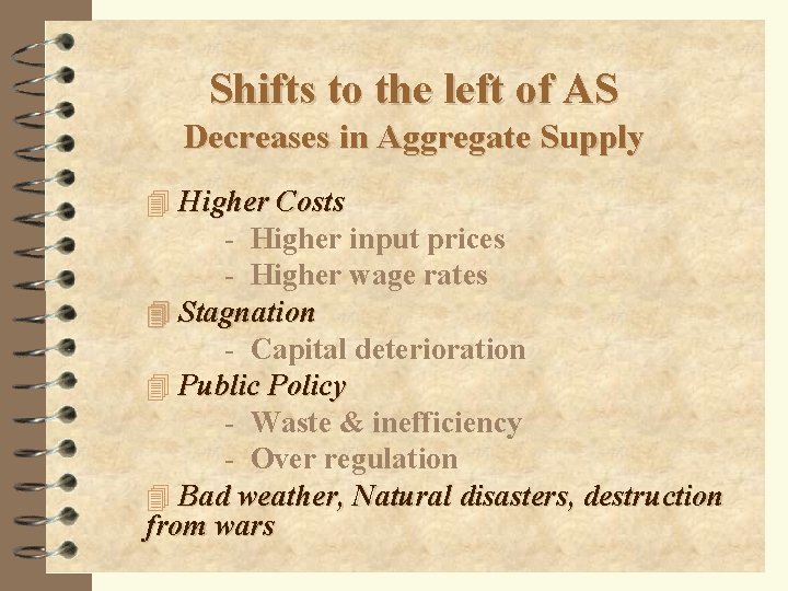 Shifts to the left of AS Decreases in Aggregate Supply 4 Higher Costs -