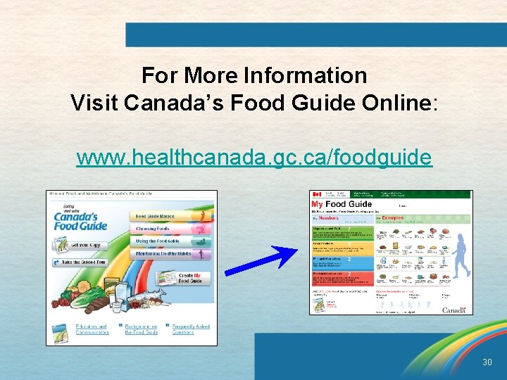 For More Information Visit Canada’s Food Guide Online: www. healthcanada. gc. ca/foodguide 30 