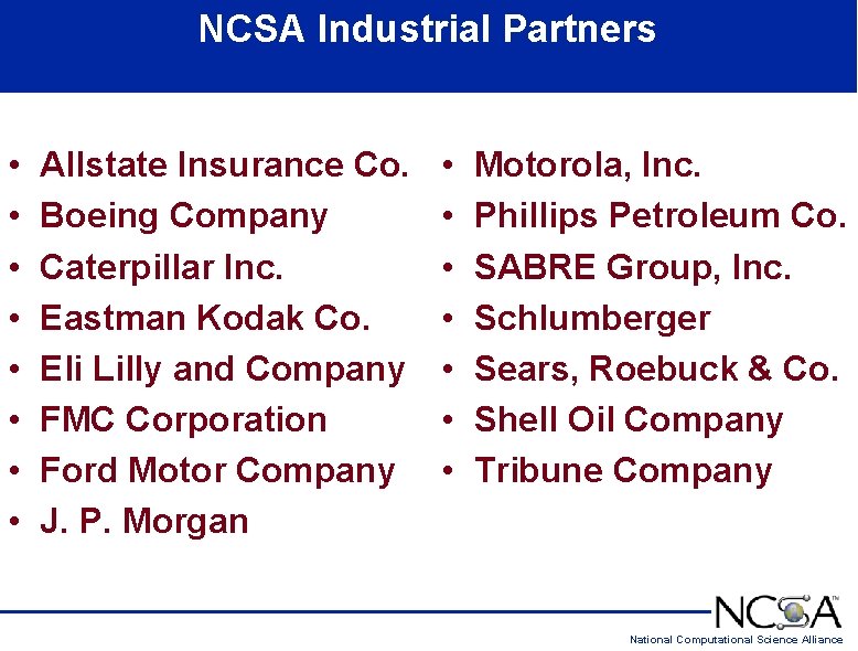 NCSA Industrial Partners • • Allstate Insurance Co. Boeing Company Caterpillar Inc. Eastman Kodak