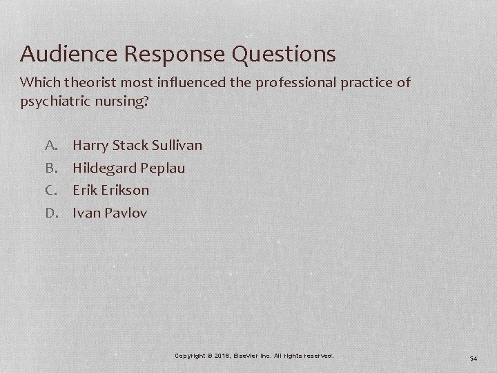 Audience Response Questions Which theorist most influenced the professional practice of psychiatric nursing? A.
