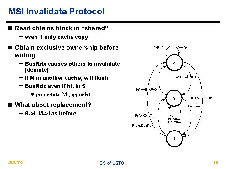 MSI Invalidate Protocol n Read obtains block in “shared” − even if only cache