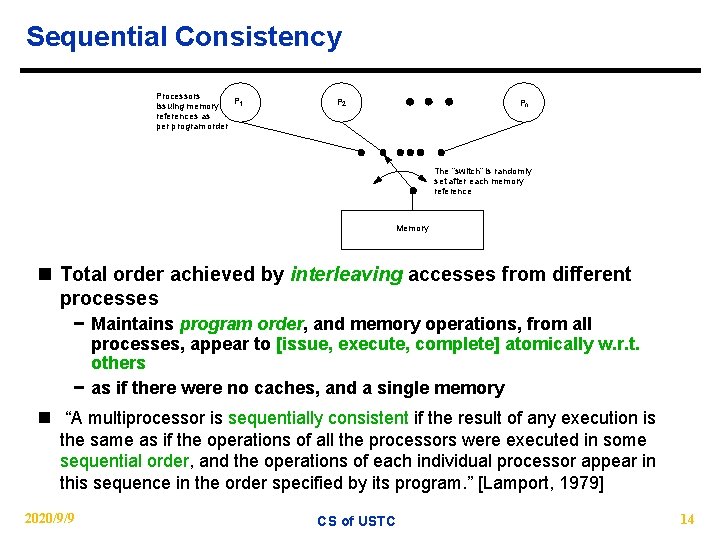 Sequential Consistency Processors P 1 issuing memory references as per program order P 2