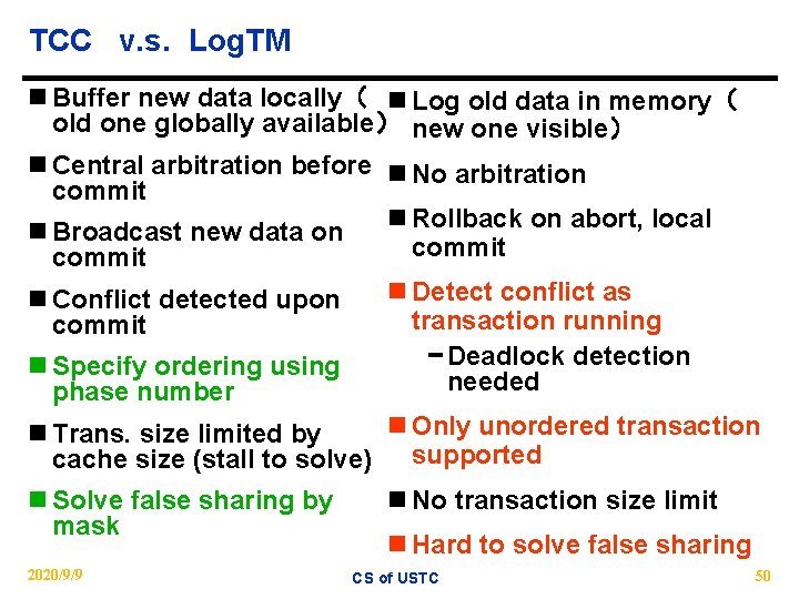 TCC v. s. Log. TM n Buffer new data locally（ n Log old data