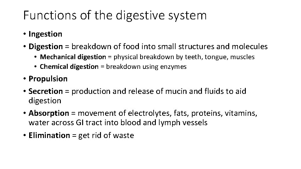 Functions of the digestive system • Ingestion • Digestion = breakdown of food into
