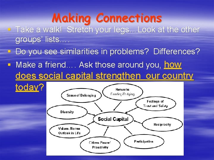 Making Connections § Take a walk! Stretch your legs…Look at the other groups’ lists….