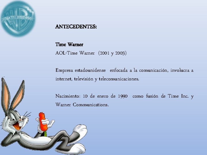 ANTECEDENTES: Time Warner AOL-Time Warner (2001 y 2003) Empresa estadounidense enfocada a la comunicación,