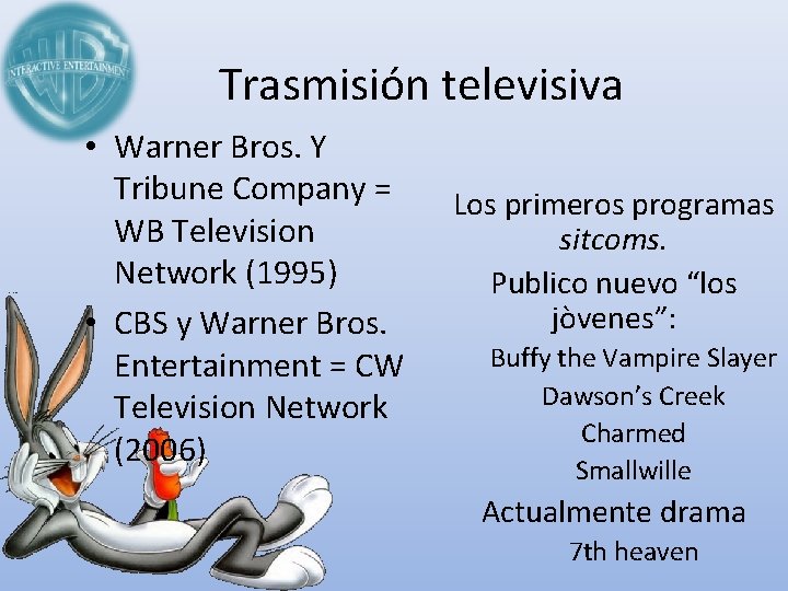 Trasmisión televisiva • Warner Bros. Y Tribune Company = WB Television Network (1995) •