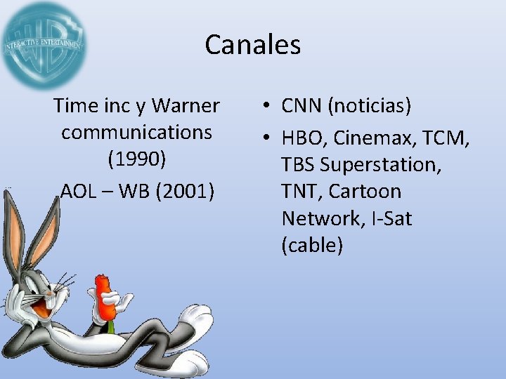 Canales Time inc y Warner communications (1990) AOL – WB (2001) • CNN (noticias)