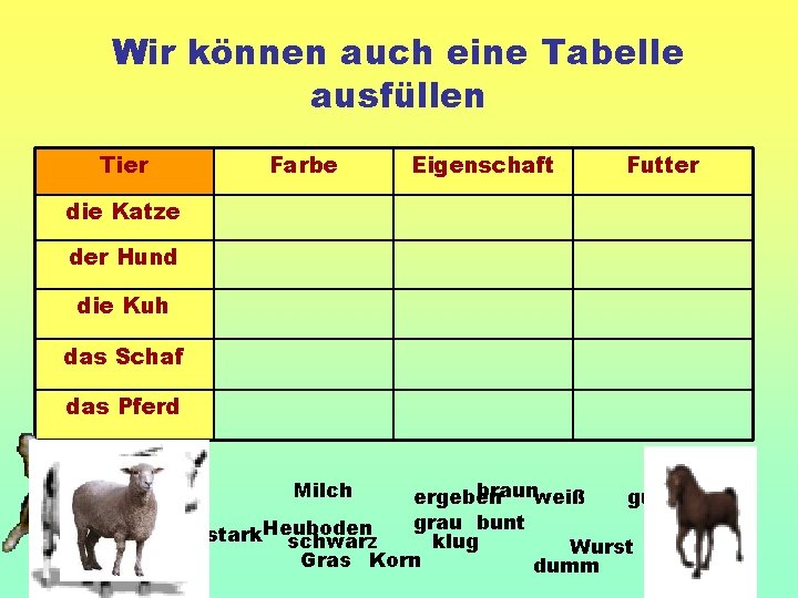 Wir können auch eine Tabelle ausfüllen Tier Farbe Eigenschaft Futter die Katze der Hund