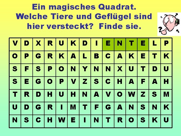 Ein magisches Quadrat. Welche Tiere und Geflügel sind hier versteckt? Finde sie. V D