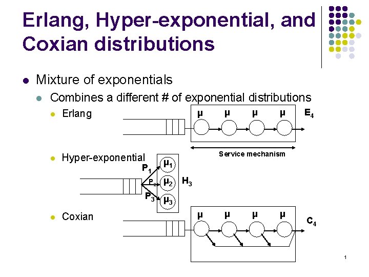 Erlang, Hyper-exponential, and Coxian distributions l Mixture of exponentials l Combines a different #