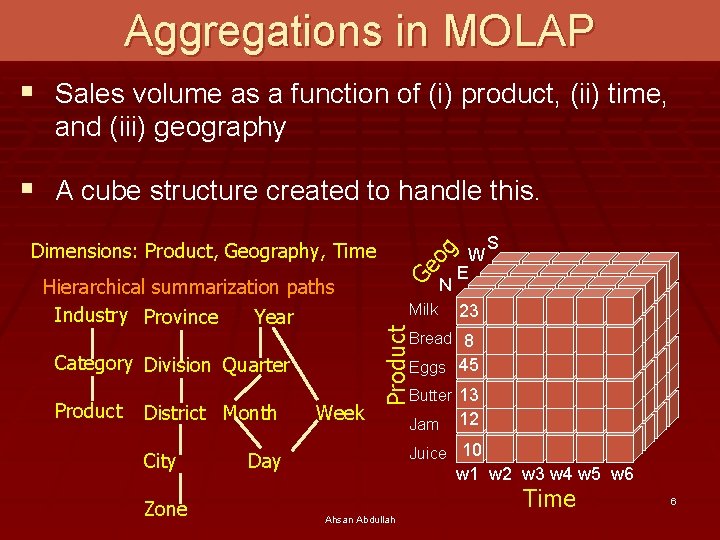 Aggregations in MOLAP § Sales volume as a function of (i) product, (ii) time,