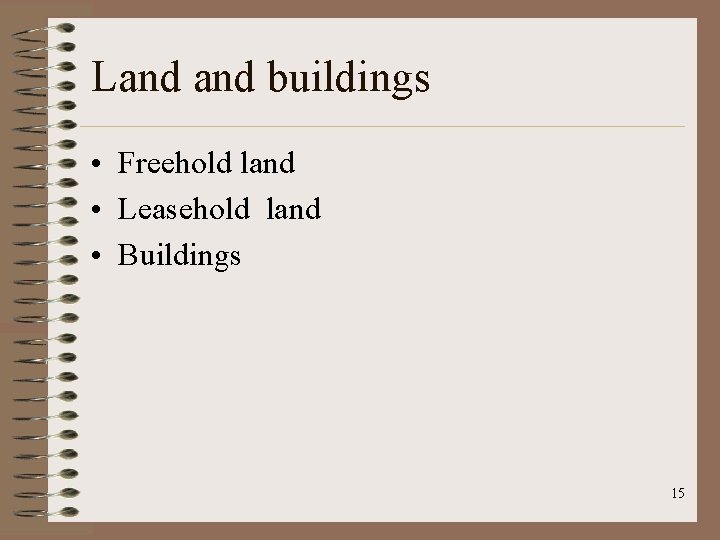 Land buildings • Freehold land • Leasehold land • Buildings 15 