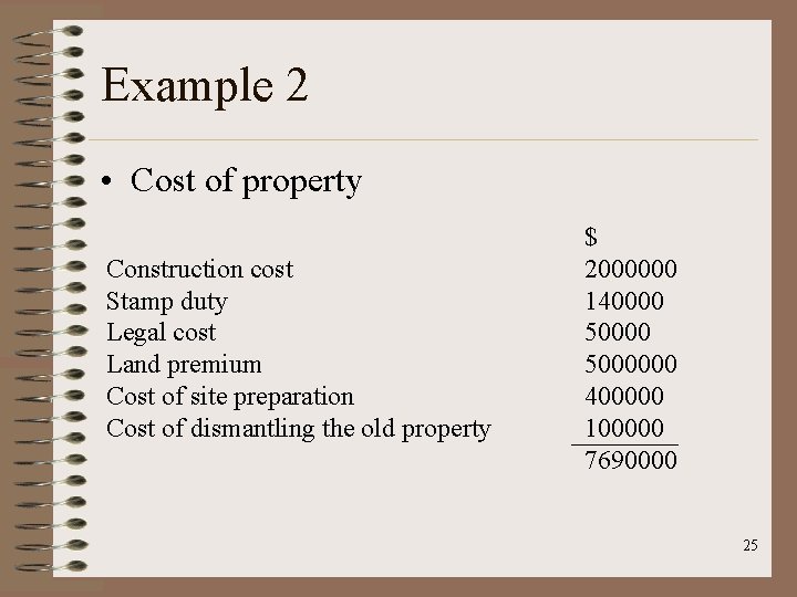 Example 2 • Cost of property Construction cost Stamp duty Legal cost Land premium