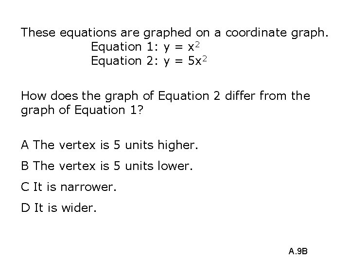 These equations are graphed on a coordinate graph. Equation 1: y = x 2