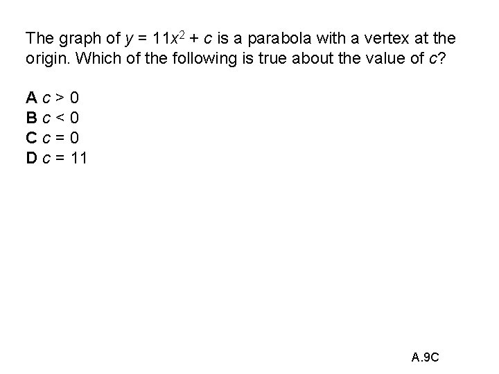 The graph of y = 11 x 2 + c is a parabola with