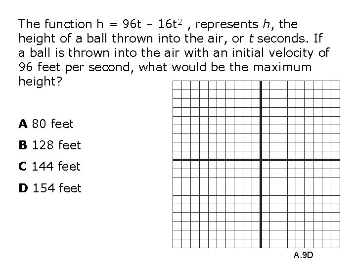 The function h = 96 t – 16 t 2 , represents h, the