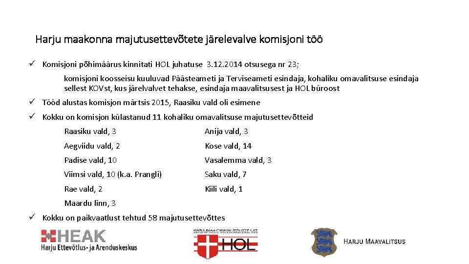 Harju maakonna majutusettevõtete järelevalve komisjoni töö ü Komisjoni põhimäärus kinnitati HOL juhatuse 3. 12.