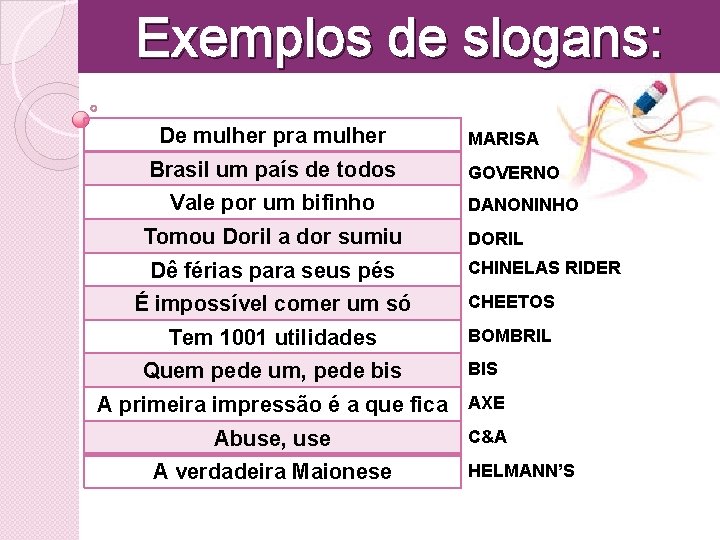 Exemplos de slogans: De mulher pra mulher Brasil um país de todos Vale por