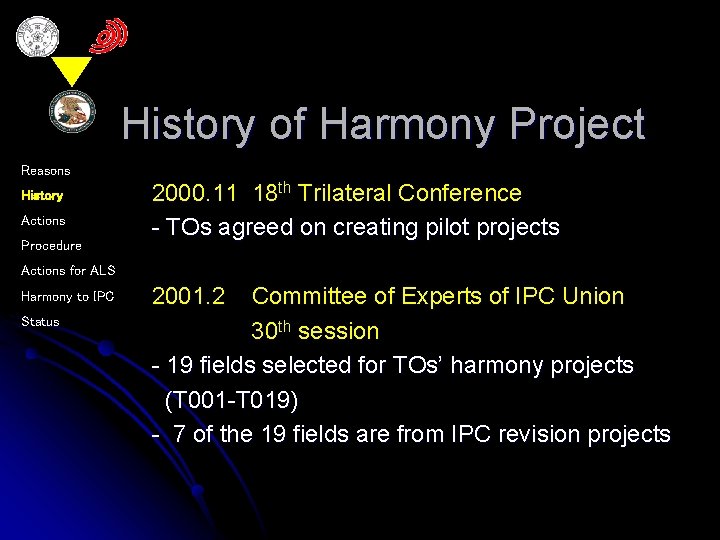 History of Harmony Project Reasons History Actions Procedure 2000. 11 18 th Trilateral Conference