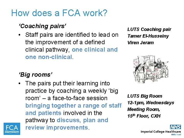 How does a FCA work? ‘Coaching pairs’ • Staff pairs are identified to lead