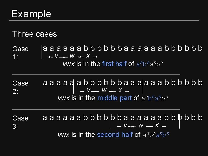 Example Three cases Case 1: aaaaaabbbbbb Case 2: aaaaaabbbbbb Case 3: aaaaaabbbbbb v x