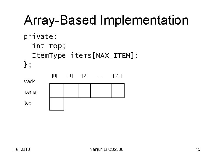 Array-Based Implementation private: int top; Item. Type items[MAX_ITEM]; }; [0] [1] [2] …. [M.