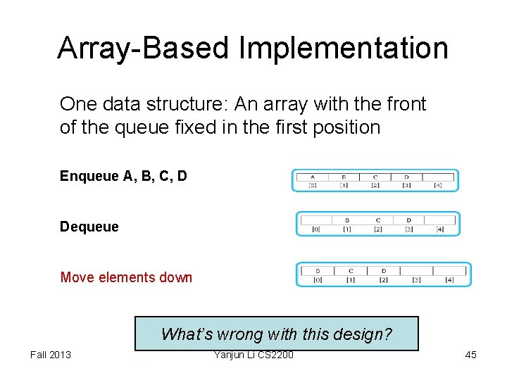 Array-Based Implementation One data structure: An array with the front of the queue fixed Array-Based Implementation One data structure: An array with the front of the queue fixed