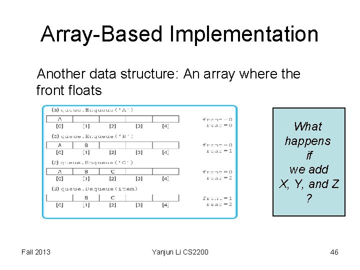 Array-Based Implementation Another data structure: An array where the front floats What happens if Array-Based Implementation Another data structure: An array where the front floats What happens if
