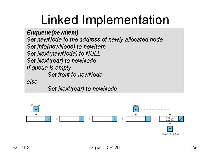 Linked Implementation Enqueue(new. Item) Set new. Node to the address of newly allocated node Linked Implementation Enqueue(new. Item) Set new. Node to the address of newly allocated node