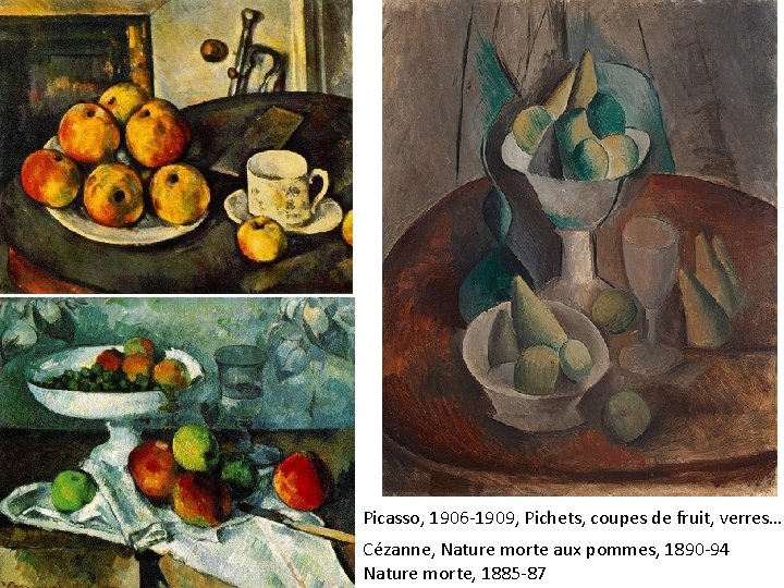 Picasso, 1906 -1909, Pichets, coupes de fruit, verres… Cézanne, Nature morte aux pommes, 1890