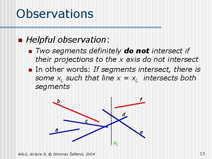 Observations n Helpful observation: n n Two segments definitely do not intersect if their
