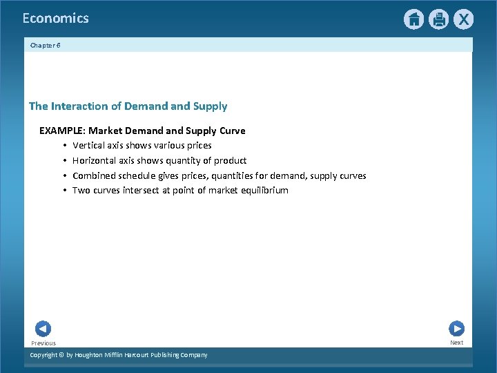 Economics Chapter 6 The Interaction of Demand Supply EXAMPLE: Market Demand Supply Curve •