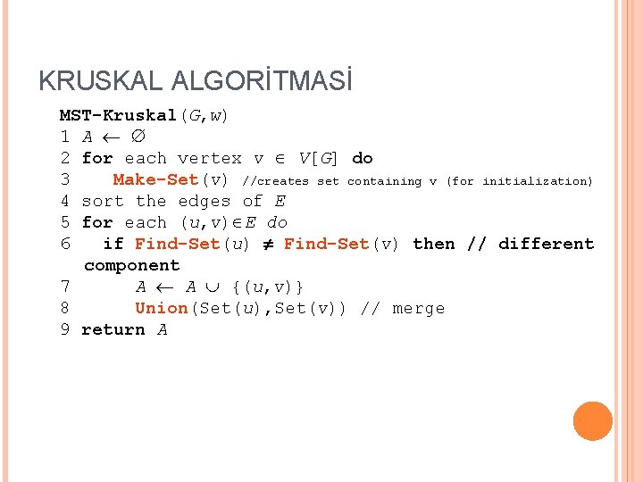 KRUSKAL ALGORİTMASİ MST-Kruskal(G, w) 1 A ¬ Æ 2 for each vertex v Î