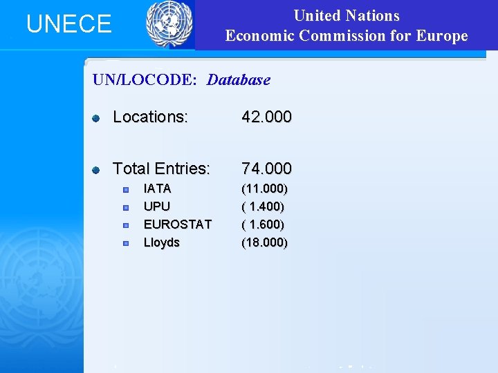 United Nations Economic Commission for Europe UNECE UN/LOCODE: Database Locations: 42. 000 Total Entries: