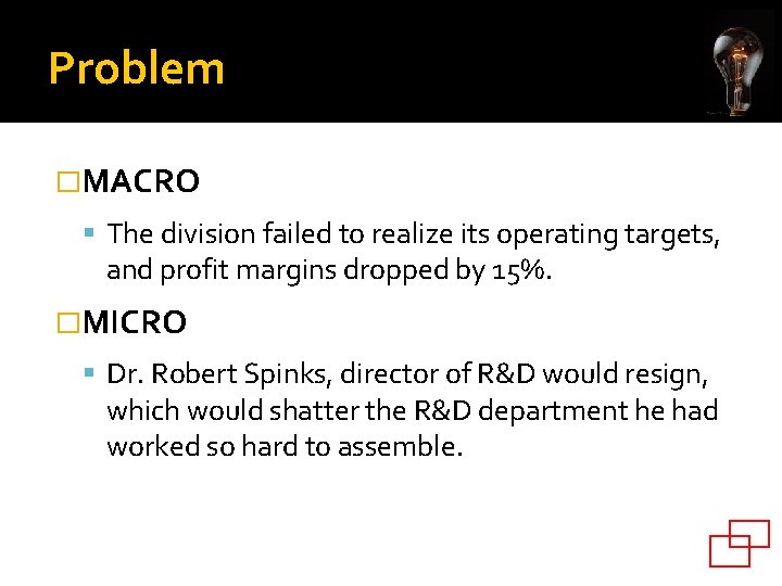 Problem �MACRO The division failed to realize its operating targets, and profit margins dropped