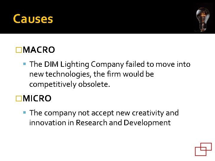 Causes �MACRO The DIM Lighting Company failed to move into new technologies, the firm