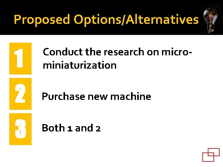 Proposed Options/Alternatives 1 Conduct the research on microminiaturization 2 Purchase new machine 3 Both