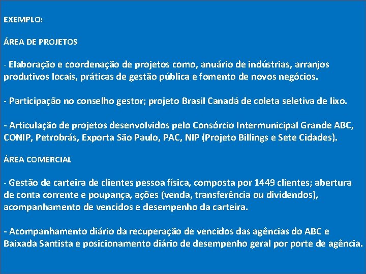 EXEMPLO: ÁREA DE PROJETOS - Elaboração e coordenação de projetos como, anuário de indústrias,