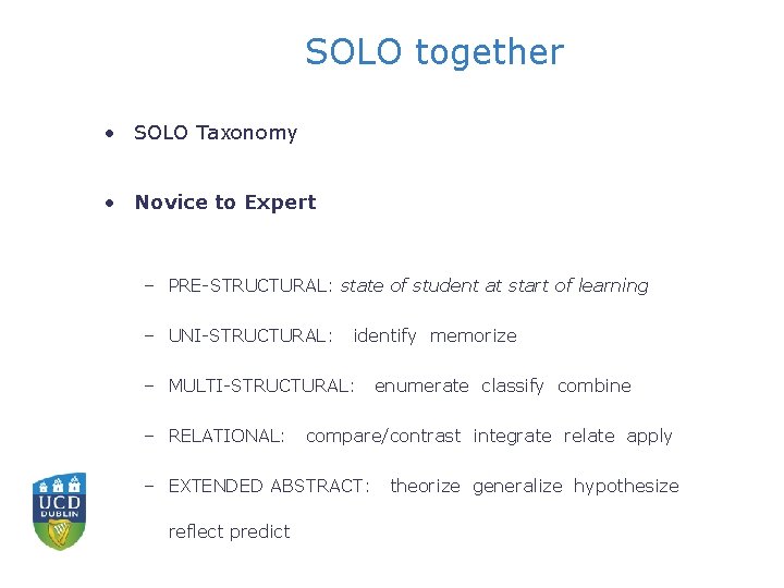 SOLO together • SOLO Taxonomy • Novice to Expert – PRE-STRUCTURAL: state of student