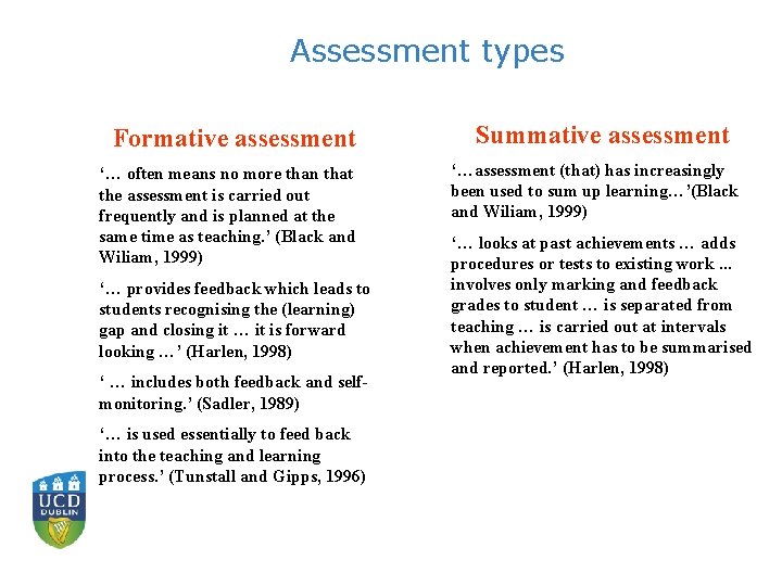 Assessment types Formative assessment ‘… often means no more than that the assessment is