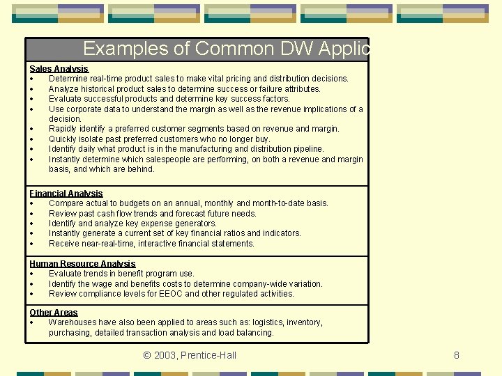 Examples of Common DW Applications Sales Analysis Determine real-time product sales to make vital