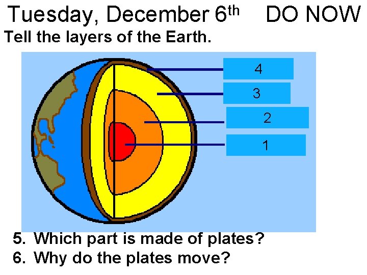 Tuesday, December 6 th DO NOW Tell the layers of the Earth. 4 3