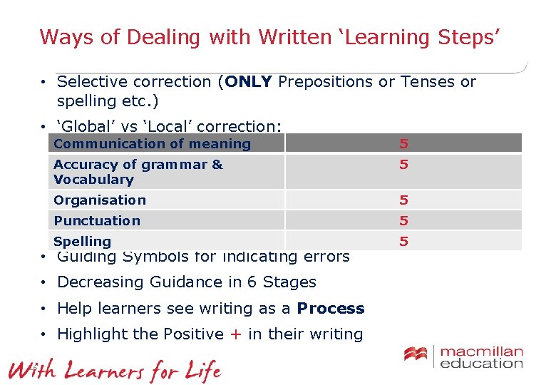 Ways of Dealing with Written ‘Learning Steps’ • Selective correction (ONLY Prepositions or Tenses