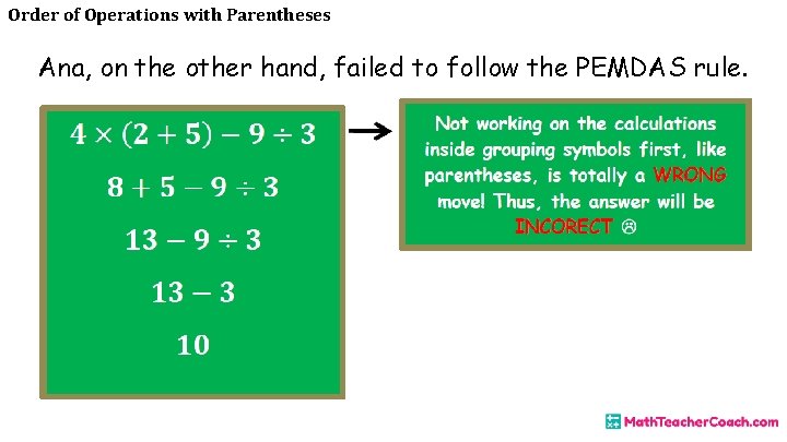 Order of Operations with Parentheses Ana, on the other hand, failed to follow the
