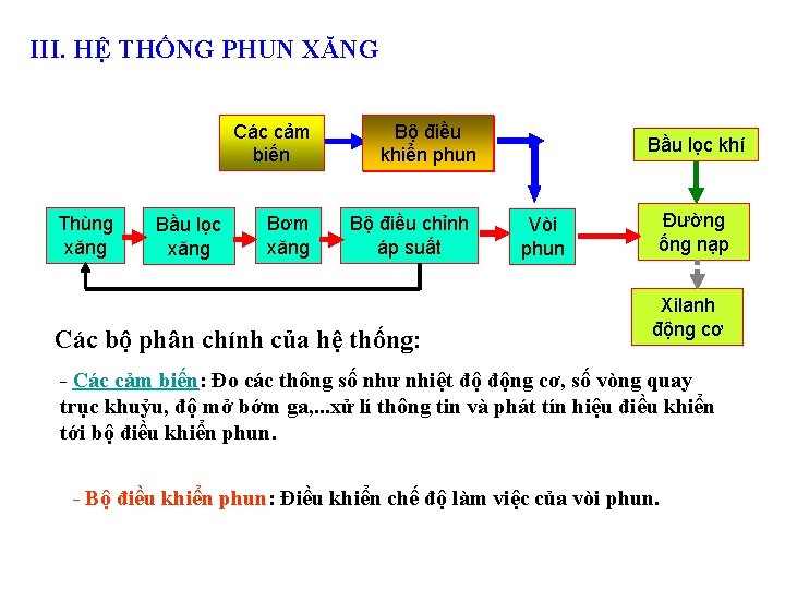 III. HỆ THỐNG PHUN XĂNG Các cảm biến Thùng xăng Bầu lọc xăng Bơm