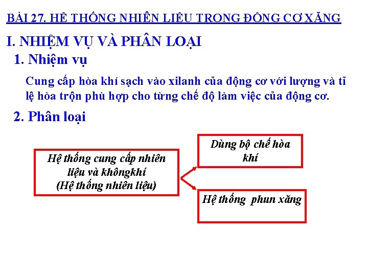 BÀI 27. HỆ THỐNG NHIÊN LIỆU TRONG ĐỘNG CƠ XĂNG I. NHIỆM VỤ VÀ