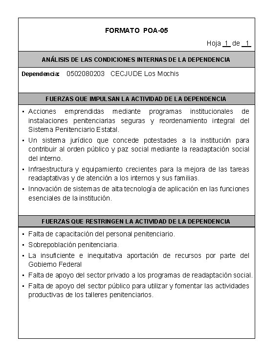 FORMATO POA-05 Hoja 1 de 1 ANÁLISIS DE LAS CONDICIONES INTERNAS DE LA DEPENDENCIA